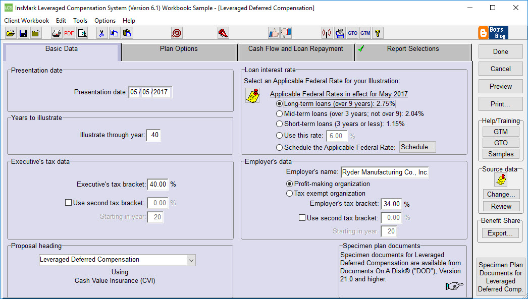 Leveraged Compensation - Sample Input Screen 1