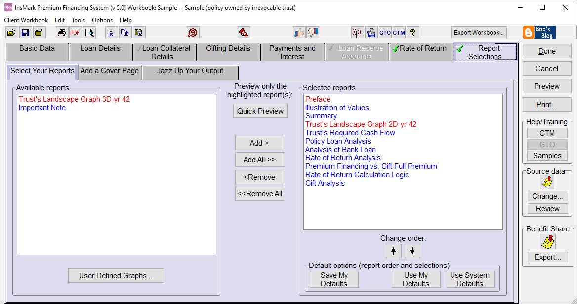 Report Selections tab